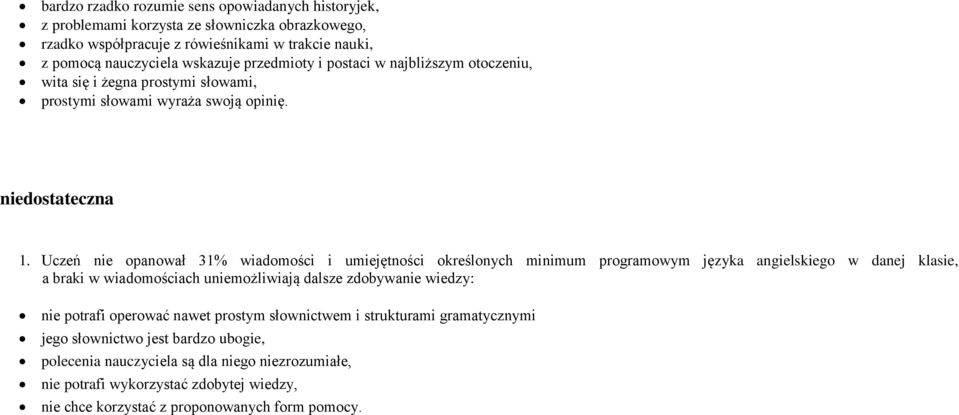 Uczeń nie opanował 31% wiadomości i umiejętności określonych minimum programowym języka angielskiego w danej klasie, a braki w wiadomościach uniemożliwiają dalsze zdobywanie wiedzy: nie