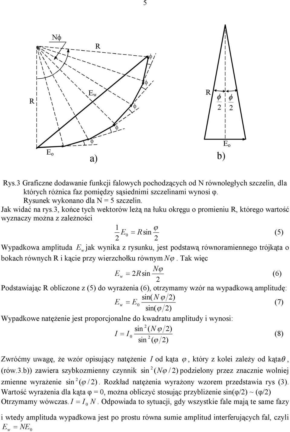 3, końce tych wektorów leżą na łuku okręgu o promieniu R, którego wartość wyznaczy można z zależności 1 E R sin (5) Wypadkowa amplituda Ew jak wynika z rysunku, jest podstawą równoramiennego trójkąta