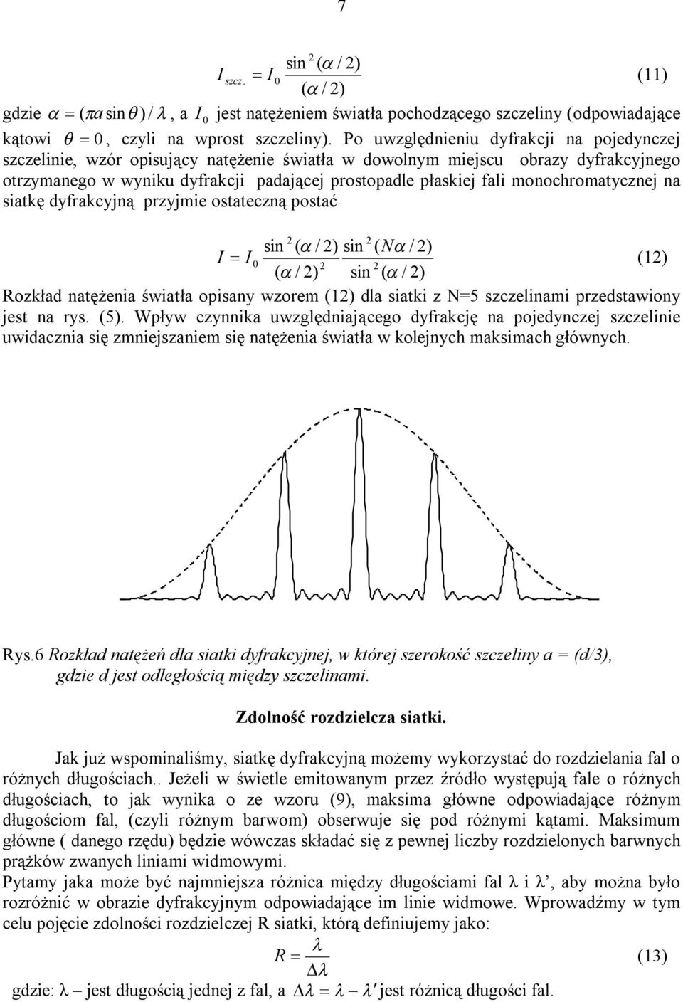 monochromatycznej na siatkę dyfrakcyjną przyjmie ostateczną postać sin ( / ) sin ( N / ) I I (1) ( / ) sin ( / ) Rozkład natężenia światła opisany wzorem (1) dla siatki z N=5 szczelinami