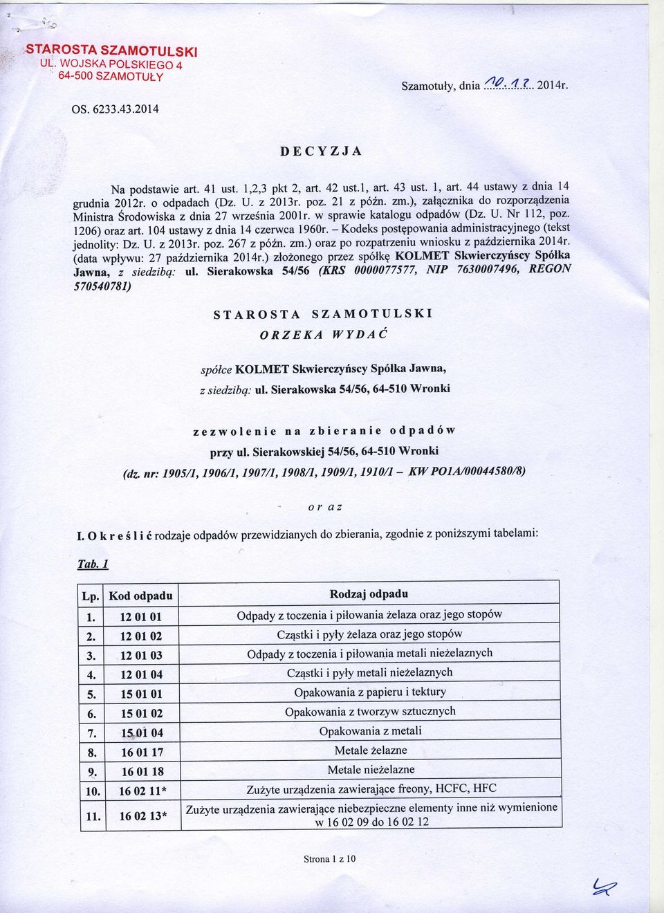 w sprawie katalogu odpad6w (Dz' U' Nr 112, poz. 1206) oraz art. 104 ustawy z dnia 14 czerwca 1960r. - Kodeks postgpowaniadministracyjnego (tekst jednolity: Dz.lJ. z 2013r. poz. 267 z p62n.