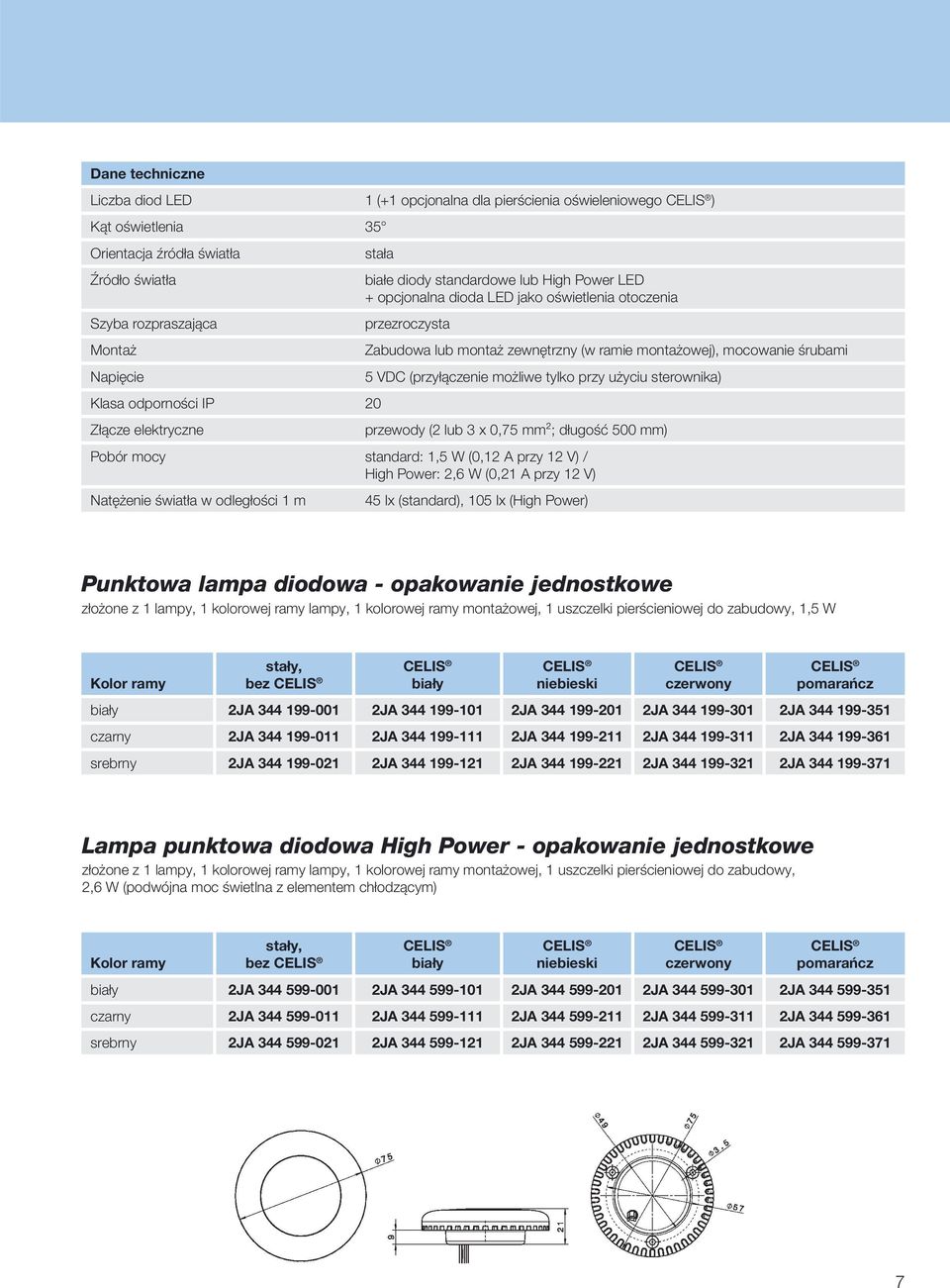 lub 3 x 0,75 mm²; długość 500 mm) Pobór mocy standard: 1,5 W (0,12 A przy 12 V) / High Power: 2,6 W (0,21 A przy 12 V) Natężenie światła w odległości 1 m 45 lx (standard), 105 lx (High Power)
