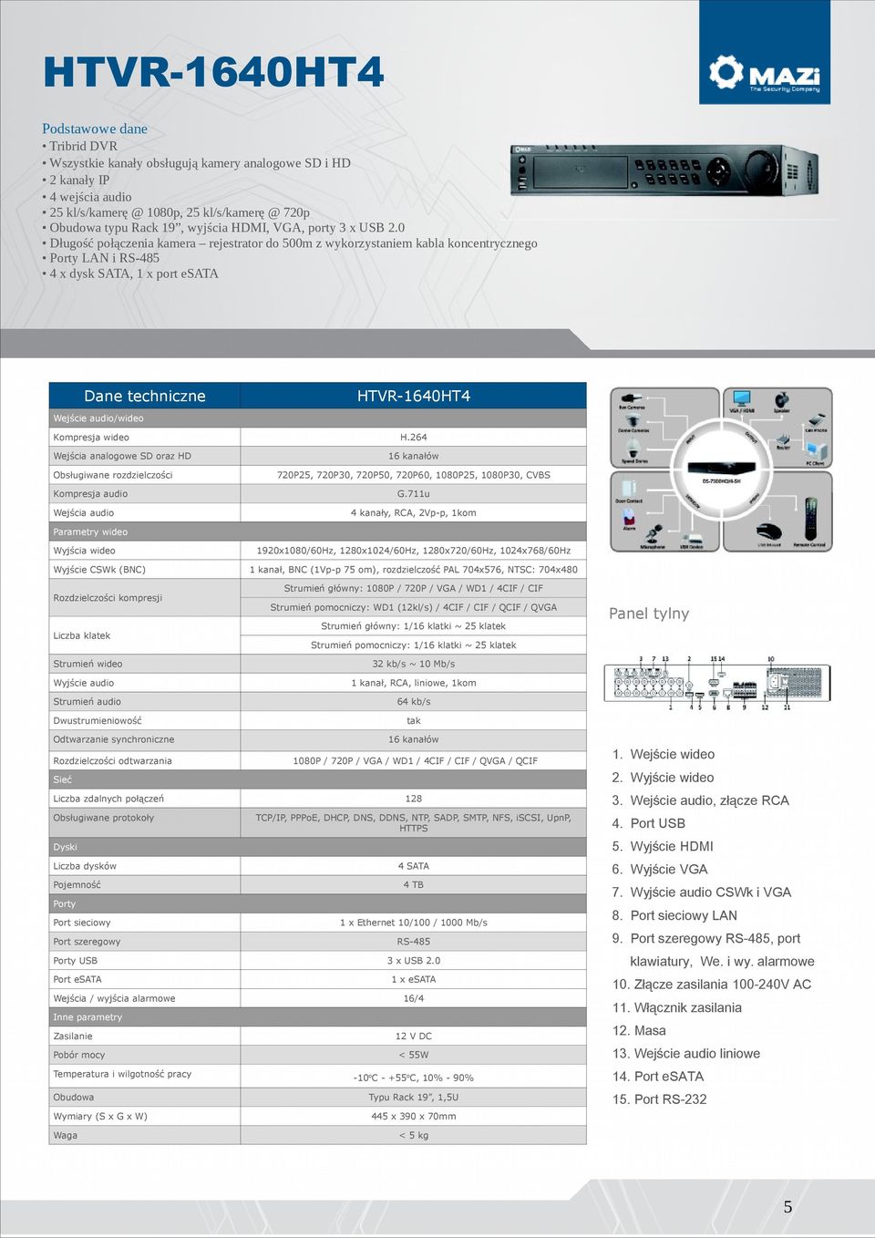 0 Długość połączenia kamera rejestrator do 500m z wykorzystaniem kabla koncentrycznego Porty LAN i RS-485 4 x dysk SATA, 1 x port esata HTVR-1640HT4 Wejście audio/wideo Kompresja wideo Wejścia