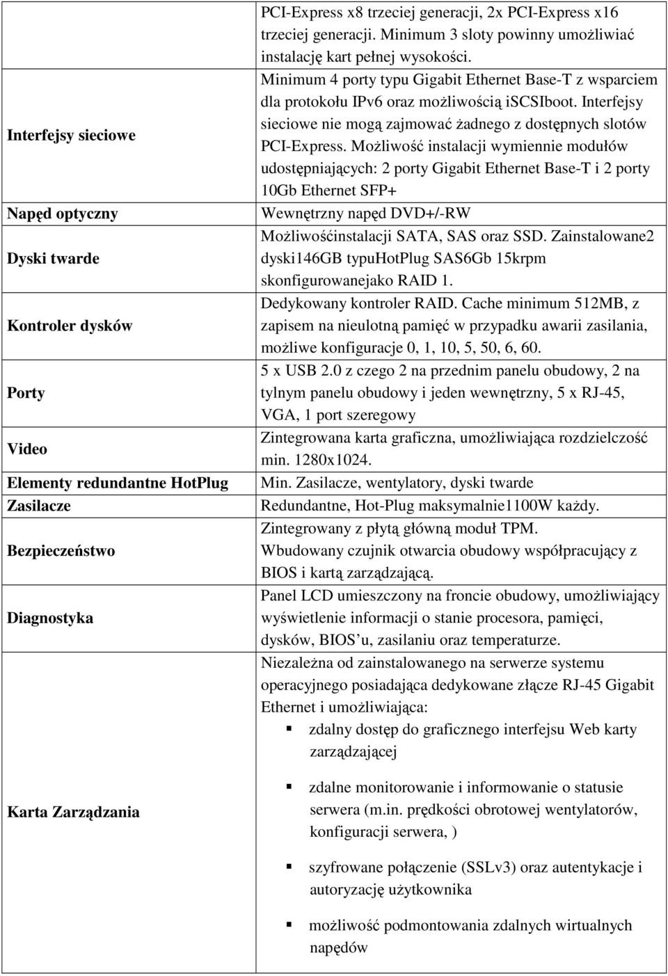 Minimum 4 porty typu Gigabit Ethernet Base-T z wsparciem dla protokołu IPv6 oraz moŝliwością iscsiboot. Interfejsy sieciowe nie mogą zajmować Ŝadnego z dostępnych slotów PCI-Express.