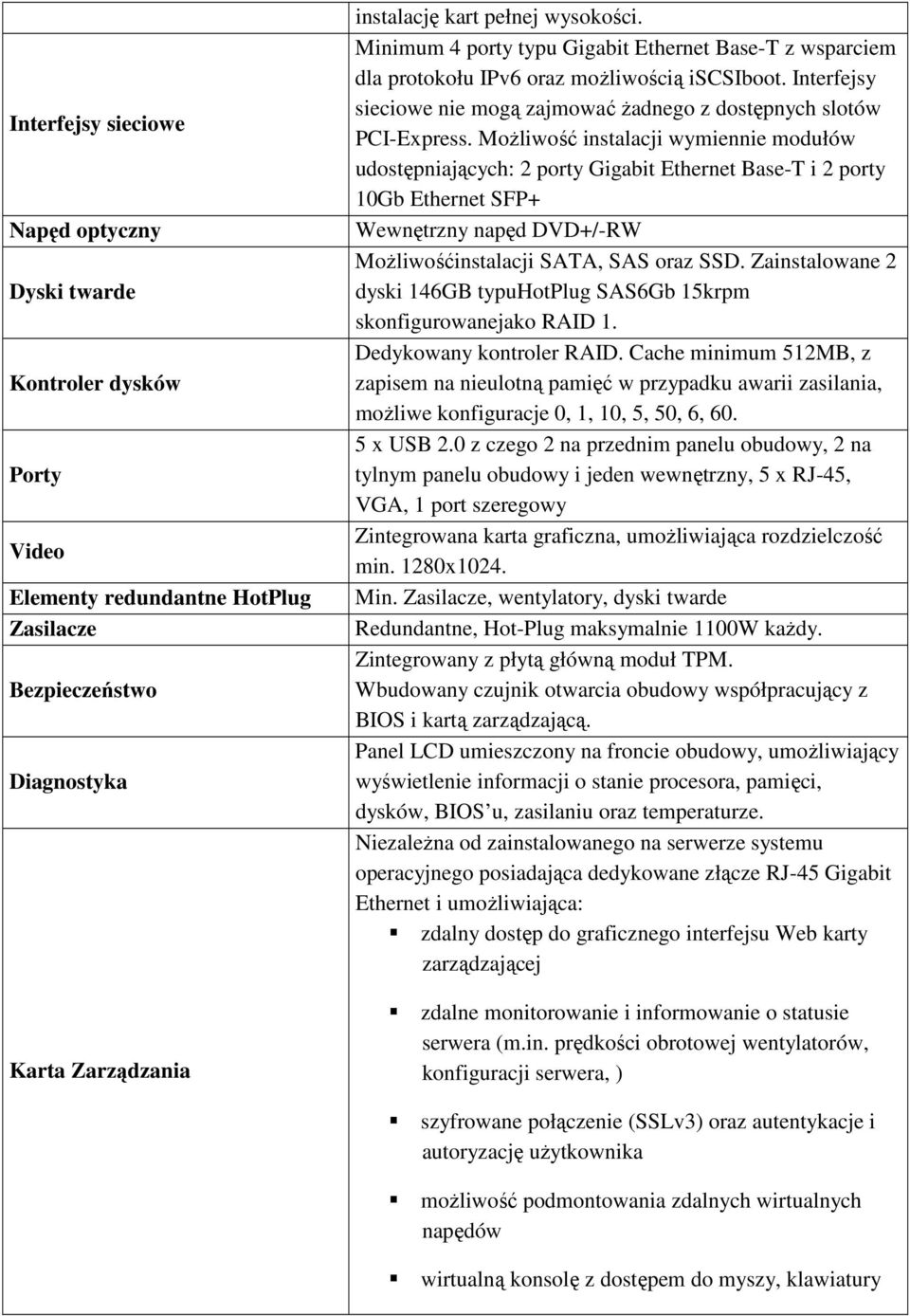 MoŜliwość instalacji wymiennie modułów udostępniających: 2 porty Gigabit Ethernet Base-T i 2 porty 10Gb Ethernet SFP+ Wewnętrzny napęd DVD+/-RW MoŜliwośćinstalacji SATA, SAS oraz SSD.