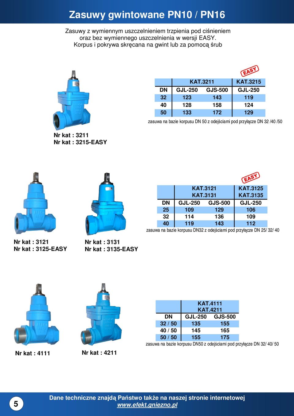 3215 DN GJL-250 GJS-500 GJL-250 32 123 143 119 40 128 158 124 50 133 172 129 zasuwa na bazie korpusu DN 50 z odejściami pod przyłącze DN 32 /40 /50 KAT.3121 KAT.3131 KAT.3125 KAT.