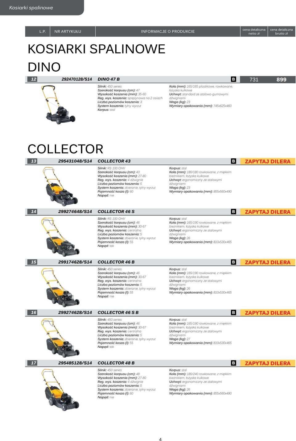 Wymiary opakowania (mm): 745x625x460 COLLECTOR 13 295431048/S14 COLLECTOR 43 B ZAPYTAJ DILERA Silnik: RS 100 OHV Szerokość korpusu (cm): 43 Wysokość koszenia (mm): 27-80 Reg. wys.