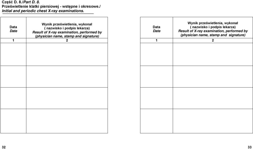 Data Date Wynik prześwietlenia, wykonał ( nazwisko i podpis lekarza) Result of X-ray examination, performed