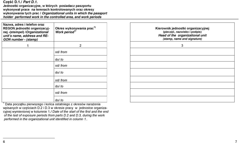 work in the controlled area, and work periods Nazwa, adres i telefon oraz REGON jednostki organizacyjnej -(stempel) /Organizational unit s name, address and RE- GON number - (stamp) Okres wykonywania