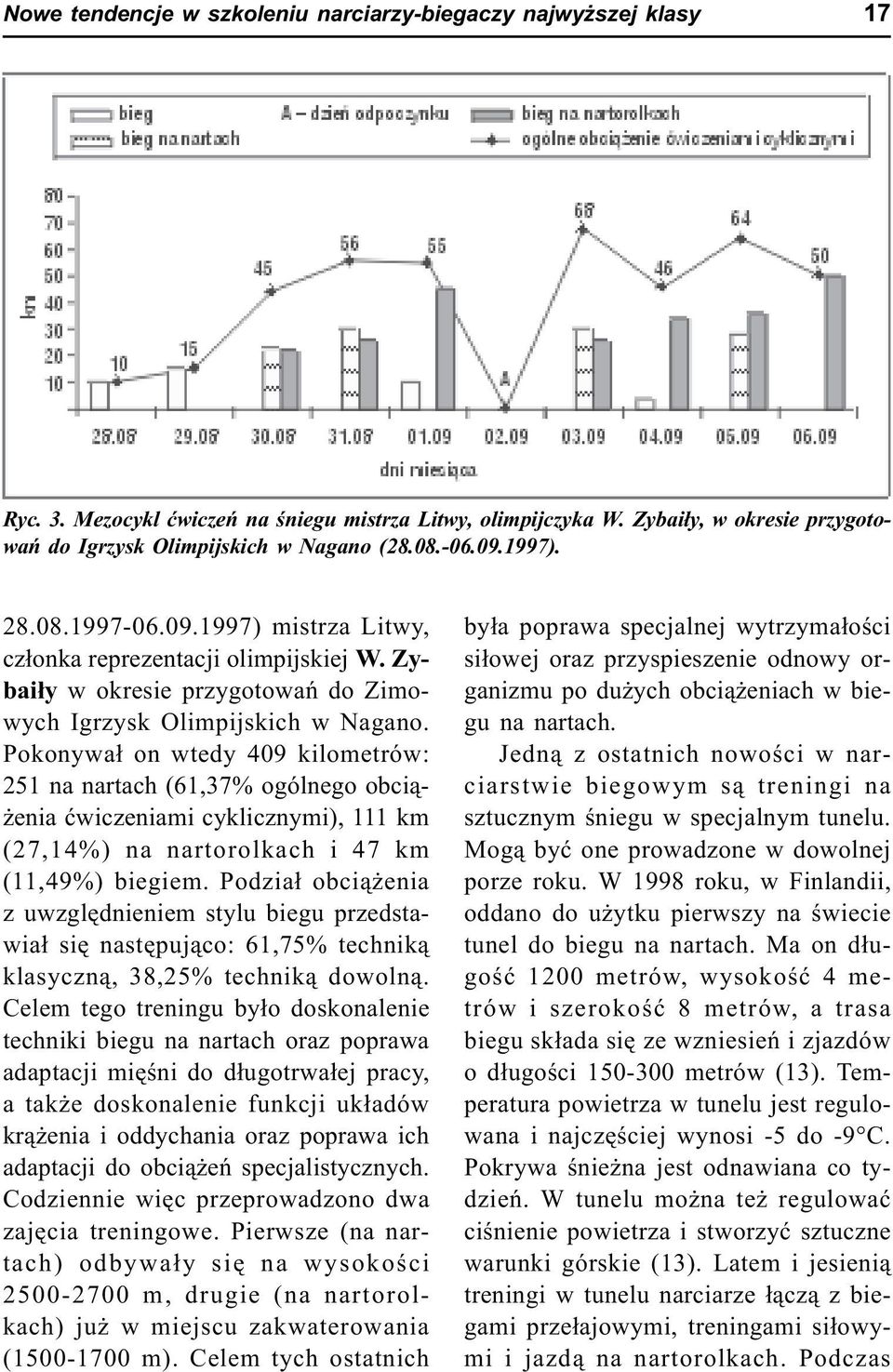 Pokonywa³ on wtedy 409 kilometrów: 251 na nartach (61,37% ogólnego obci¹- enia æwiczeniami cyklicznymi), 111 km (27,14%) na nartorolkach i 47 km (11,49%) biegiem.