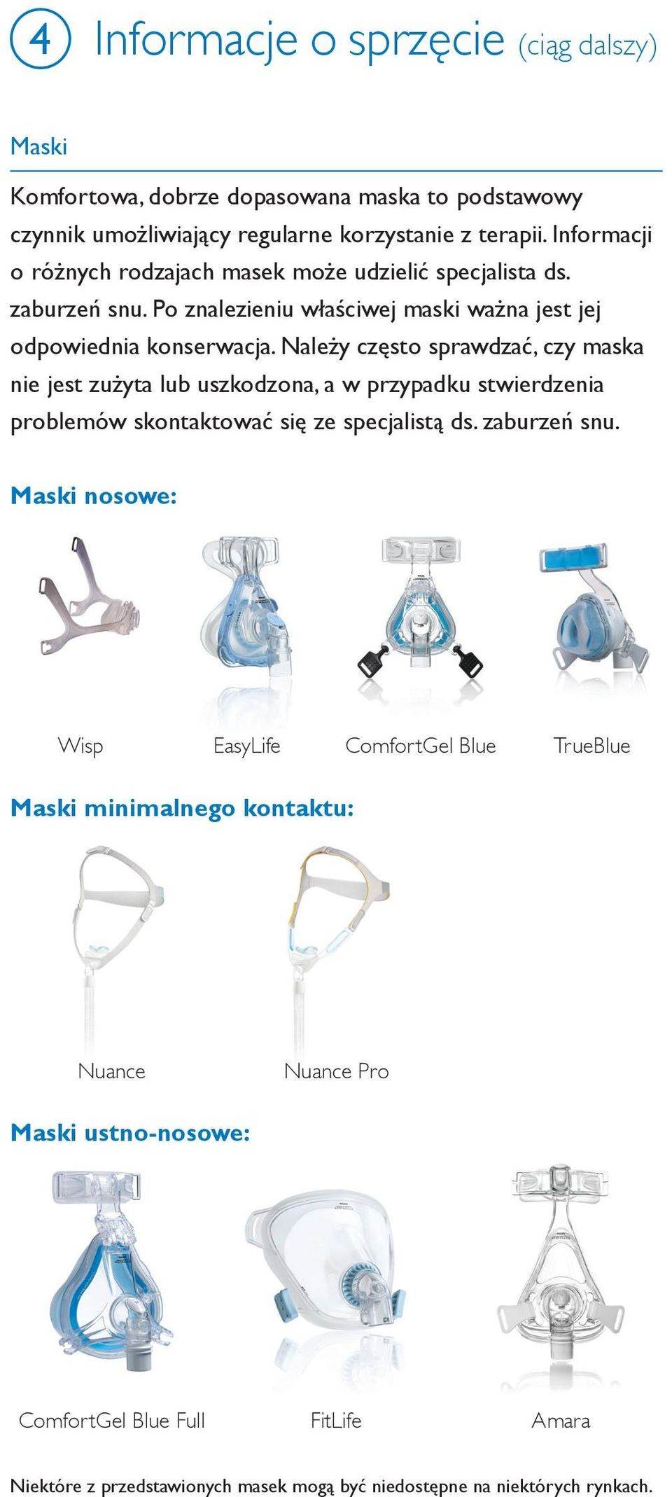 Należy często sprawdzać, czy maska nie jest zużyta lub uszkodzona, a w przypadku stwierdzenia problemów skontaktować się ze specjalistą ds. zaburzeń snu.