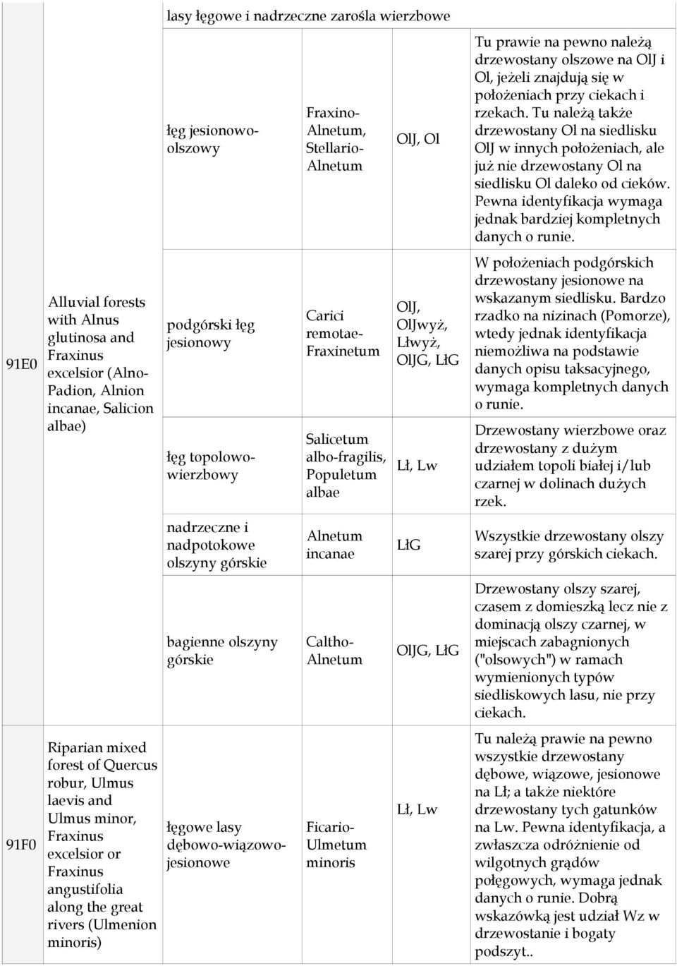 Fraxno- Alnetum, Stellaro- Alnetum Carc remotae- Fraxnetum Salcetum albo-fragls, Populetum albae Alnetum ncanae łęg topolowowerzbowy Caltho- Alnetum łęgowe lasy dębowo-wązowojesonowe Fcaro- Ulmetum