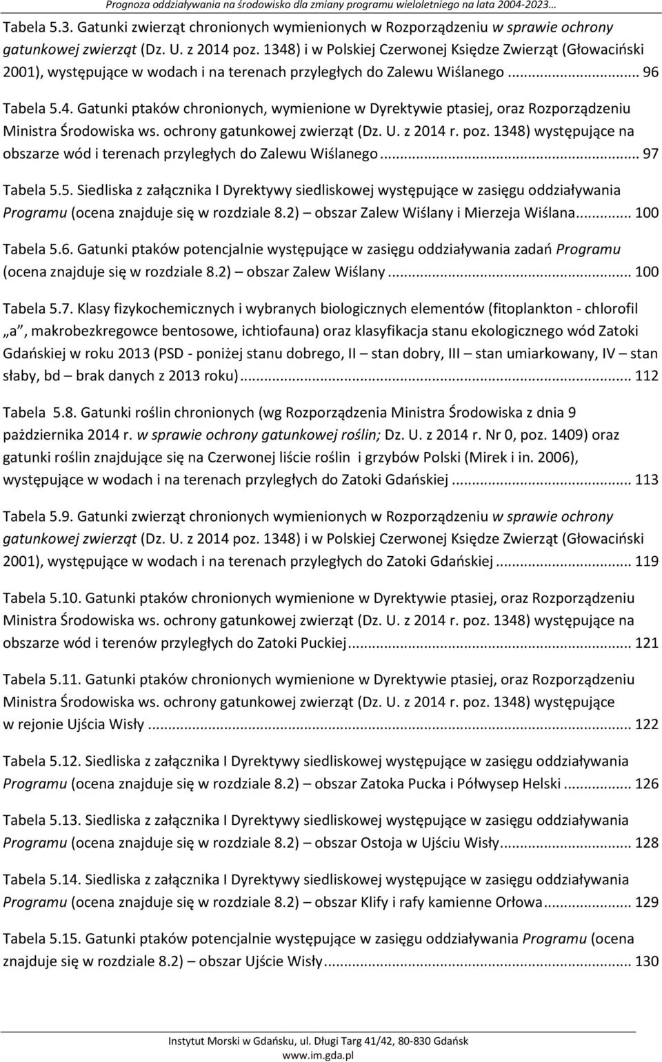 ochrony gatunkowej zwierząt (Dz. U. z 2014 r. poz. 1348) występujące na obszarze wód i terenach przyległych do Zalewu Wiślanego... 97 Tabela 5.