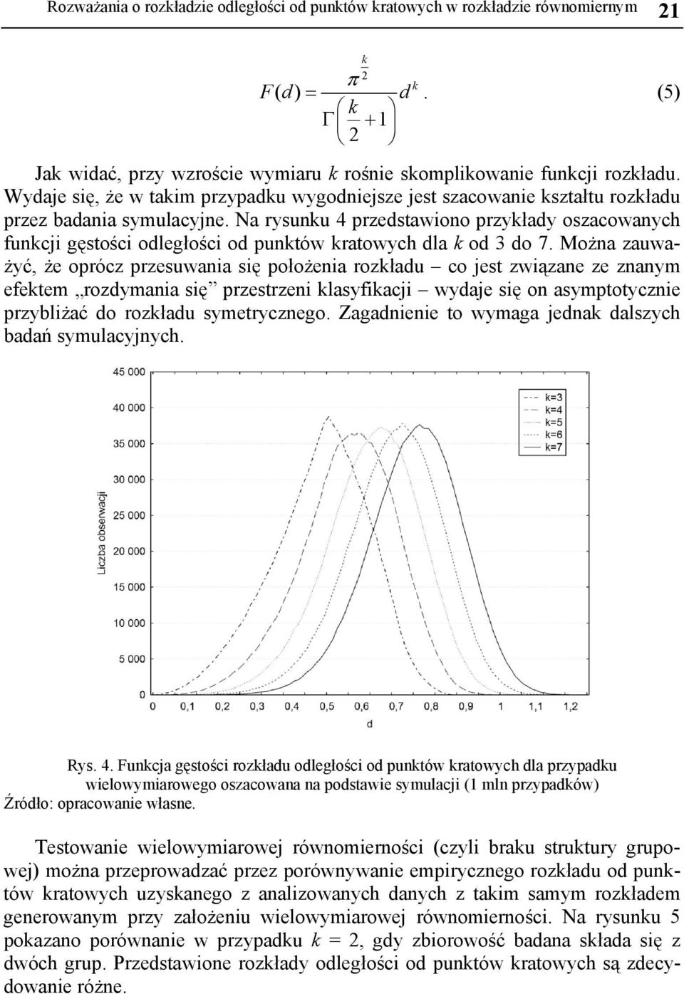 Na rysunku 4 przedstawiono przykłady oszacowanych funkcji gęstości odległości od punktów kratowych dla k od 3 do 7.