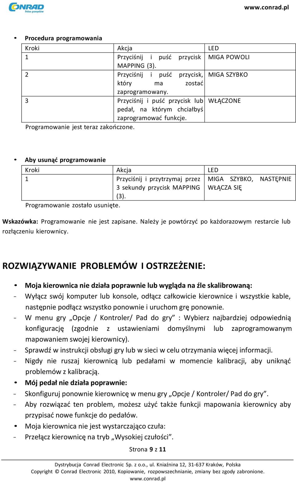 Aby usunąć programowanie Kroki Akcja LED 1 Przyciśnij i przytrzymaj przez MIGA SZYBKO, NASTĘPNIE 3 sekundy przycisk MAPPING WŁĄCZA SIĘ (3). Programowanie zostało usunięte.