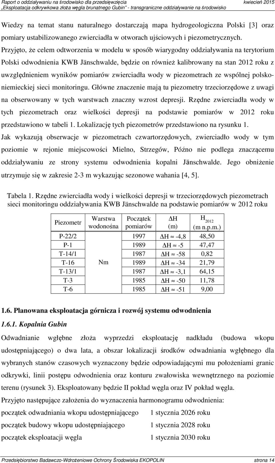 pomiarów zwierciadła wody w piezometrach ze wspólnej polskoniemieckiej sieci monitoringu.