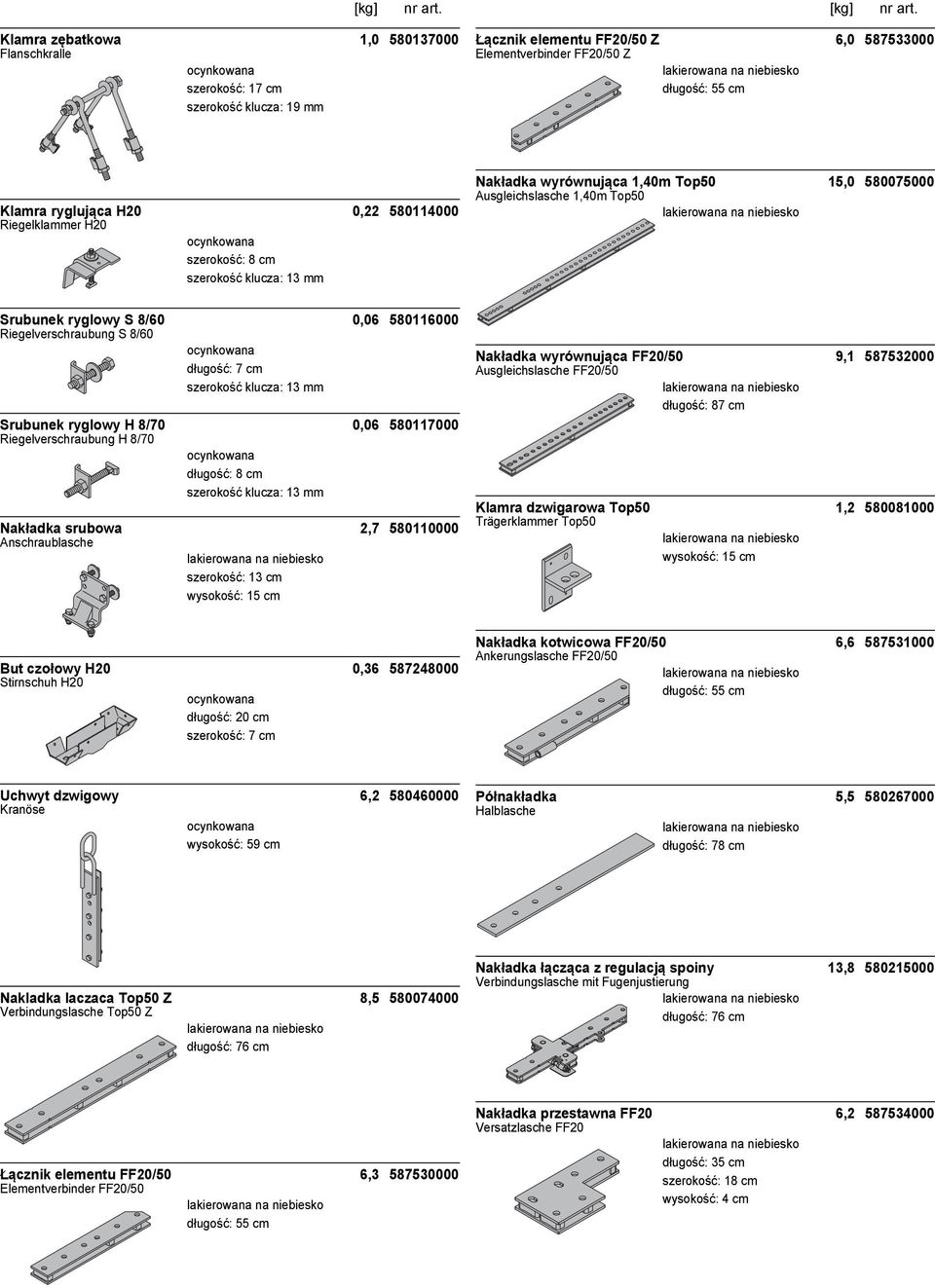 Riegelverschraubung S 8/60 długość: 7 cm szerokość klucza: 13 mm Srubunek ryglowy H 8/70 0,06 580117000 Riegelverschraubung H 8/70 długość: 8 cm szerokość klucza: 13 mm Nakładka srubowa 2,7 580110000