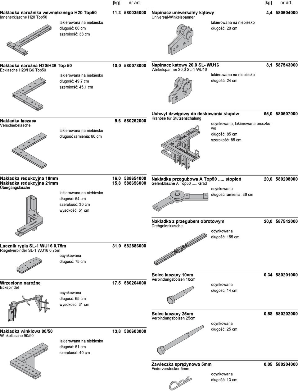 Nakładka łącząca 9,6 580262000 Verschiebelasche długość ramienia: 60 cm Uchwyt dzwigowy do deskowania słupów 65,0 580607000 Kranöse für Stützenschalung, lakierowana proszkowo długość: 85 cm