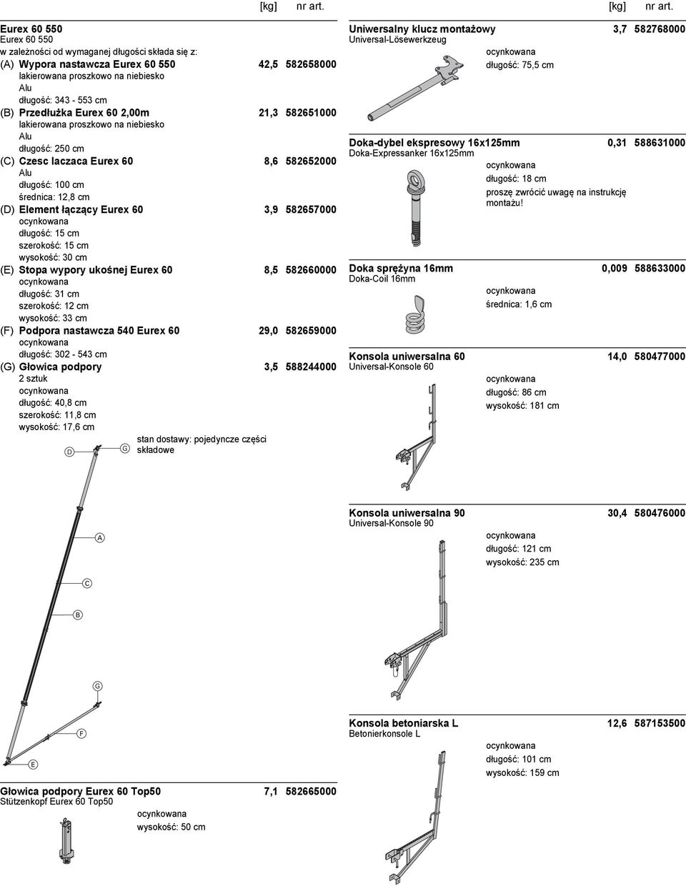 582657000 długość: 15 cm szerokość: 15 cm wysokość: 30 cm (E) Stopa wypory ukośnej Eurex 60 8,5 582660000 długość: 31 cm szerokość: 12 cm wysokość: 33 cm (F) Podpora nastawcza 540 Eurex 60 29,0