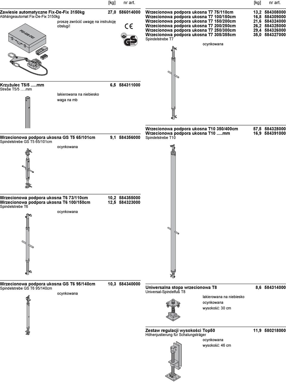 200/250cm 26,2 584325000 Wrzecionowa podpora ukosna T7 250/300cm 29,4 584326000 Wrzecionowa podpora ukosna T7 305/355cm 35,0 584327000 Spindelstrebe T7 Krzyżulec T5/5...mm 6,5 584311000 Strebe T5/5.