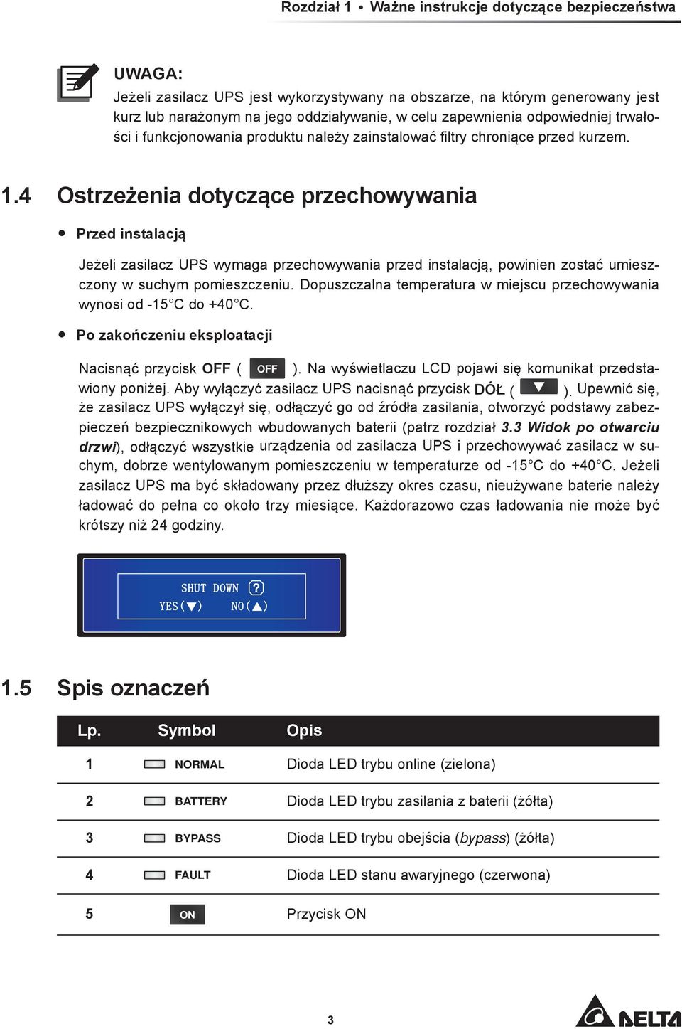 4 Ostrzeżenia dotyczące przechowywania Przed instalacją Jeżeli zasilacz UPS wymaga przechowywania przed instalacją, powinien zostać umieszczony w suchym pomieszczeniu.