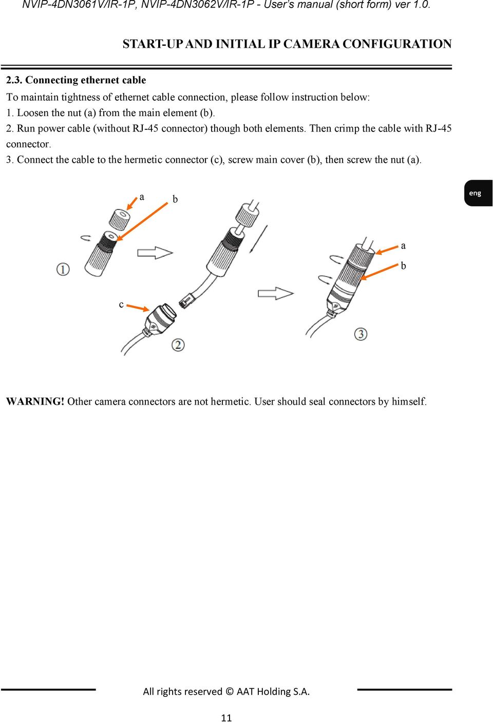 Connect the cable to the hermetic connector (c), screw main cover (b), then screw the nut (a). a b a b c WARNING! Other camera connectors are not hermetic.