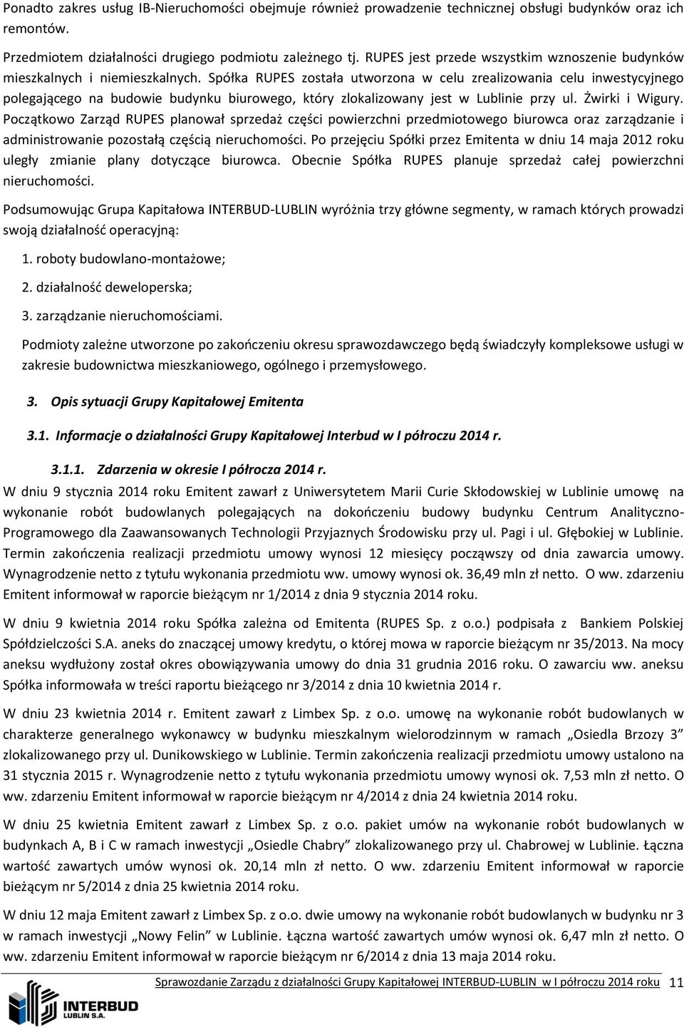 Spółka RUPES została utworzona w celu zrealizowania celu inwestycyjnego polegającego na budowie budynku biurowego, który zlokalizowany jest w Lublinie przy ul. Żwirki i Wigury.