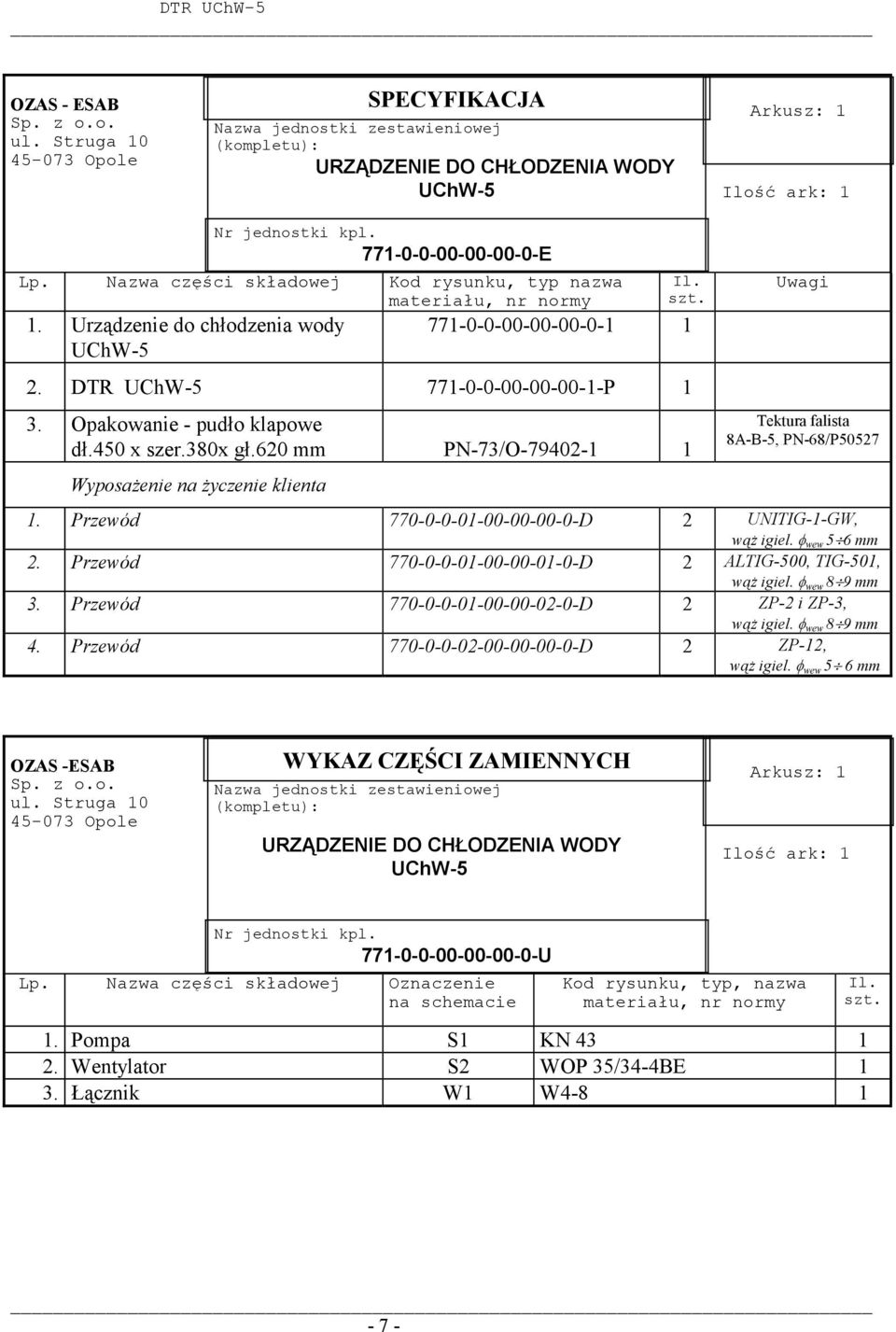 DTR UChW-5 771-0-0-00-00-00-1-P 1 3. Opakowanie - pudło klapowe dł.450 x szer.380x gł.620 mm PN-73/O-79402-1 1 WyposaŜenie na Ŝyczenie klienta Uwagi Tektura falista 8A-B-5, PN-68/P50527 1.