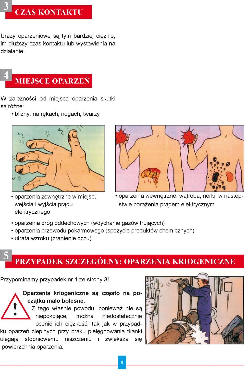 wątroba, nerki, w nastepstwie porażenia prądem elektrycznym oparzenia dróg oddechowych (wdychanie gazów trujących) oparzenia przewodu pokarmowego (spożycie produktów chemicznych) utrata wzroku