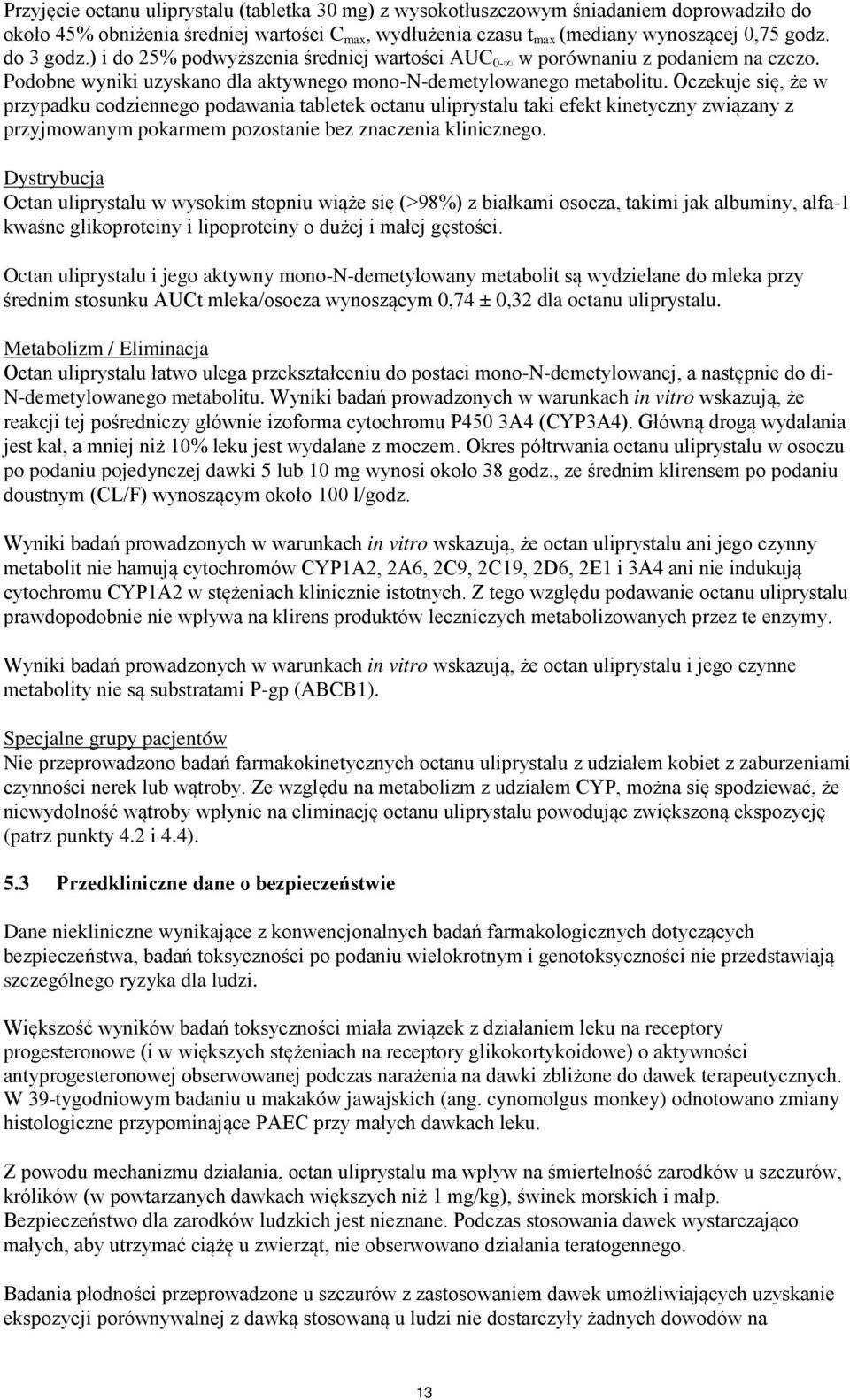 Oczekuje się, że w przypadku codziennego podawania tabletek octanu uliprystalu taki efekt kinetyczny związany z przyjmowanym pokarmem pozostanie bez znaczenia klinicznego.