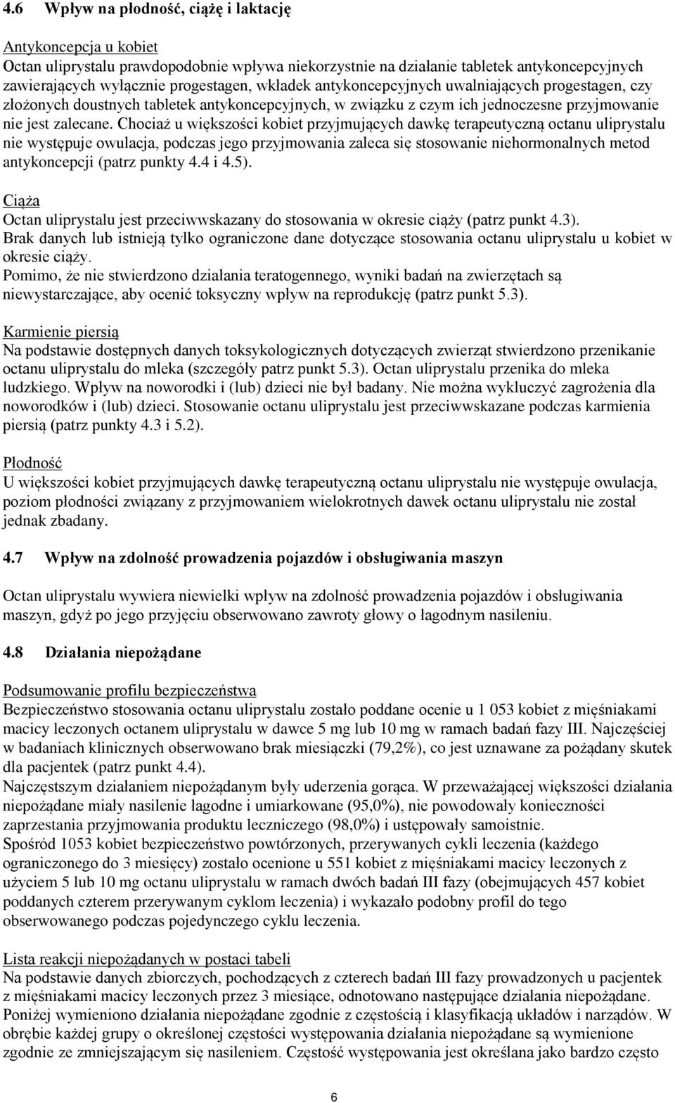 Chociaż u większości kobiet przyjmujących dawkę terapeutyczną octanu uliprystalu nie występuje owulacja, podczas jego przyjmowania zaleca się stosowanie niehormonalnych metod antykoncepcji (patrz