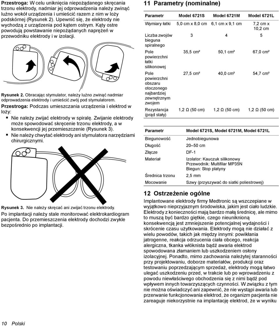 Obracając stymulator, należy luźno zwinąć nadmiar odprowadzenia elektrody i umieścić zwój pod stymulatorem.