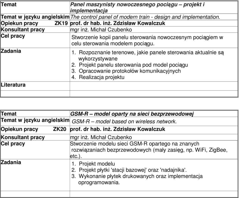 Rozpoznanie terenowe, jakie panele sterowania aktualnie są wykorzystywane 2. Projekt panelu sterowania pod model pociągu 3. Opracowanie protokołów komunikacyjnych 4.