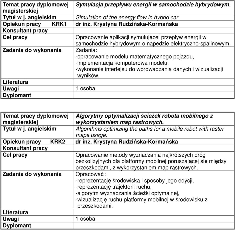 Zadania: -opracowanie modelu matematycznego pojazdu, -implementacja komputerowa modelu, -wykonanie interfejsu do wprowadzania danych i wizualizacji wyników.