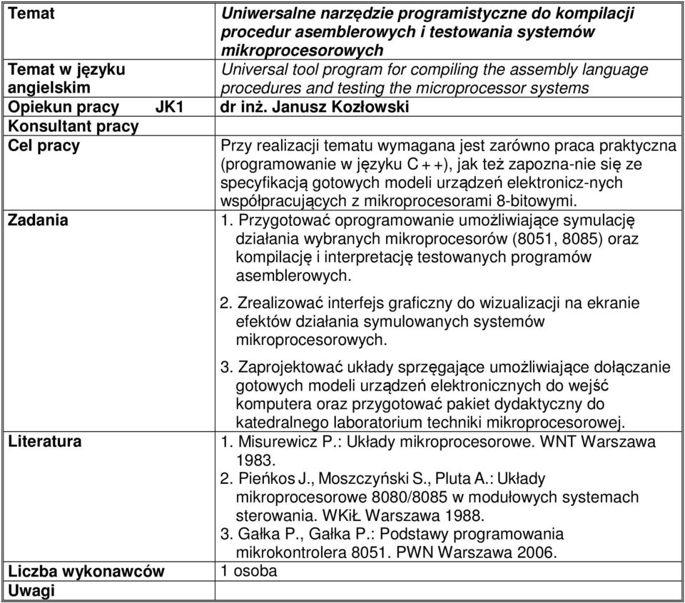 assembly language procedures and testing the microprocessor systems Przy realizacji tematu wymagana jest zarówno praca praktyczna (programowanie w języku C + +), jak też zapozna-nie się ze