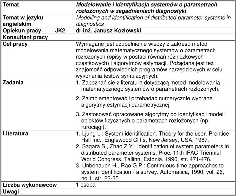 Janusz Kozłowski Wymagane jest uzupełnienie wiedzy z zakresu metod modelowania matematycznego systemów o parametrach rozłożonych (opisy w postaci równań różniczkowych cząstkowych) i algorytmów