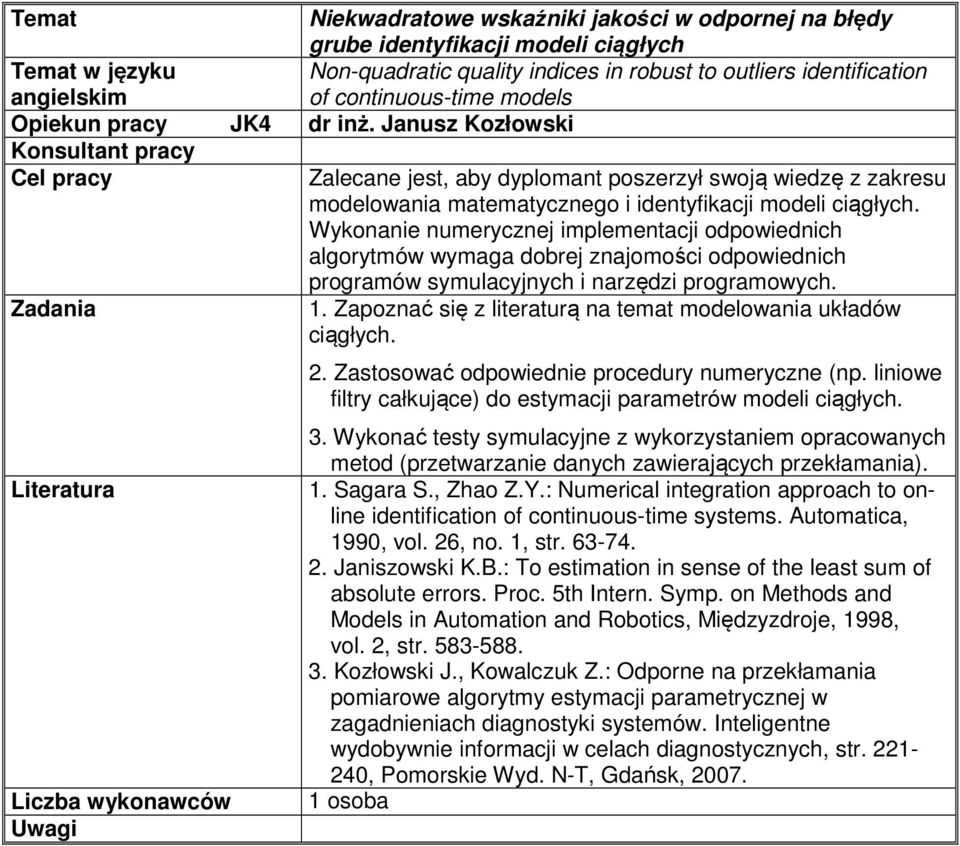 Wykonanie numerycznej implementacji odpowiednich algorytmów wymaga dobrej znajomości odpowiednich programów symulacyjnych i narzędzi programowych. Zadania 1.