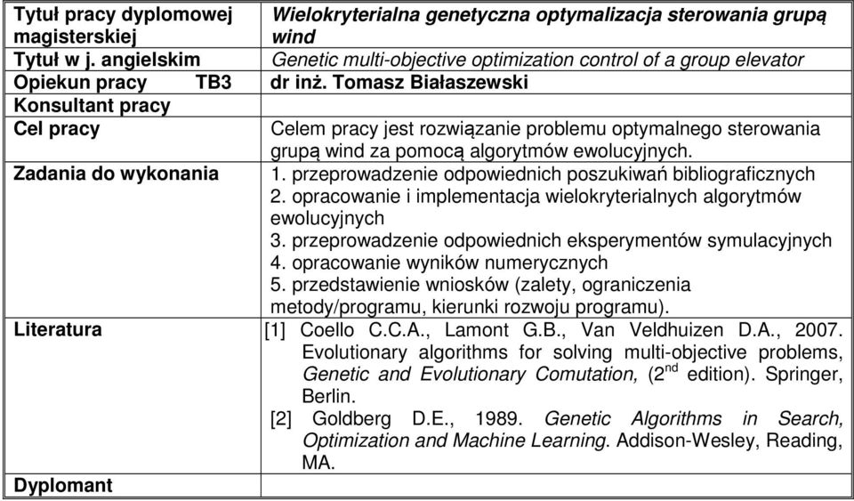 opracowanie i implementacja wielokryterialnych algorytmów ewolucyjnych 3. przeprowadzenie odpowiednich eksperymentów symulacyjnych 4. opracowanie wyników numerycznych 5.