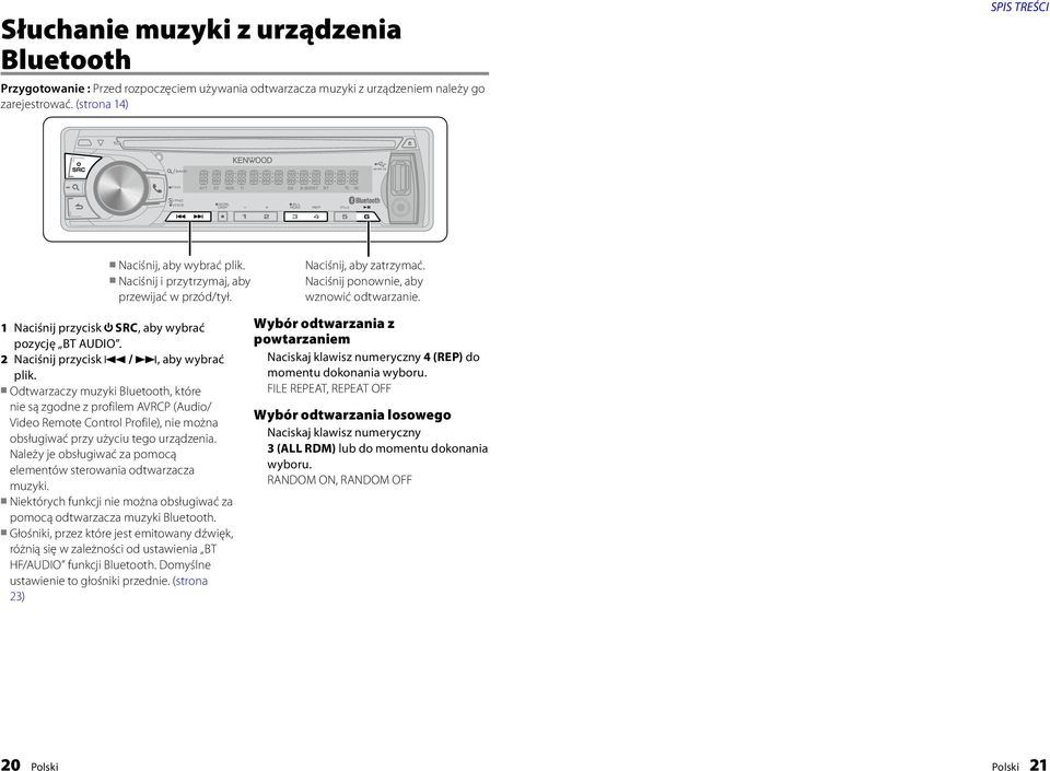 Odtwarzaczy muzyki Bluetooth, które nie są zgodne z profilem AVRCP (Audio/ Video Remote Control Profile), nie można obsługiwać przy użyciu tego urządzenia.