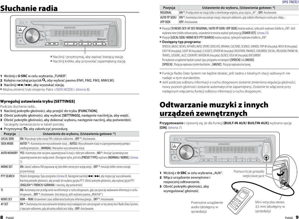 Pozycja Ustawienie do wyboru, (Ustawienia gotowe: *) REGIONAL ON *: Przełączenie na stację tylko z określonego regionu, przy użyciu AF. ; OFF: Anulowanie.