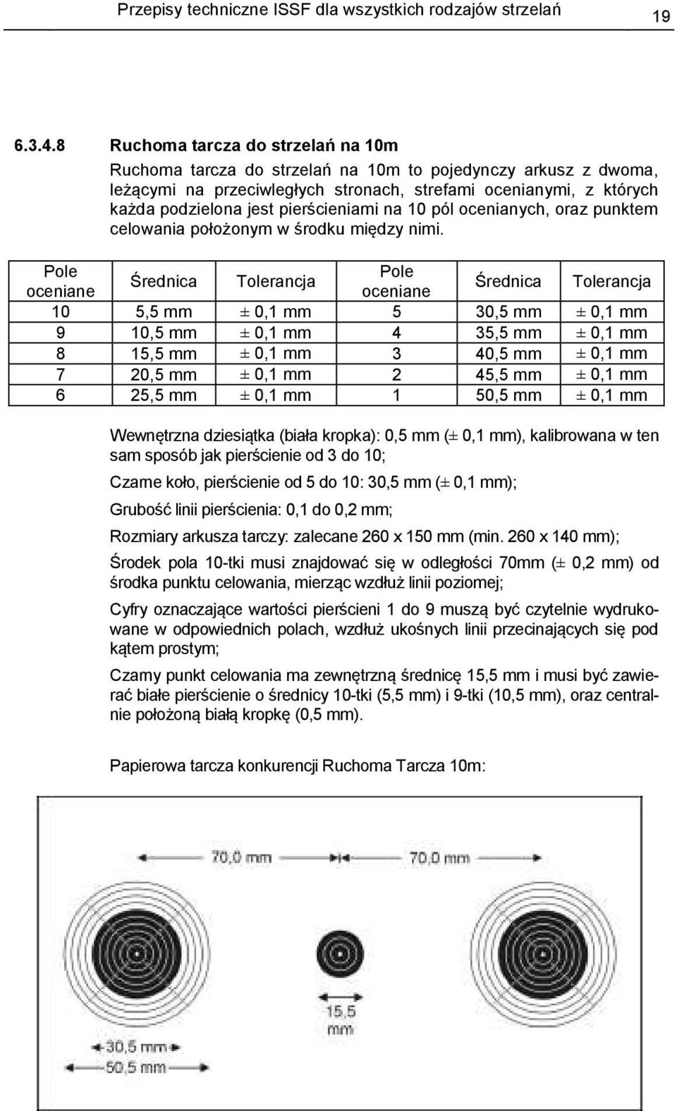 pierścieniami na 10 pól ocenianych, oraz punktem celowania położonym w środku między nimi.