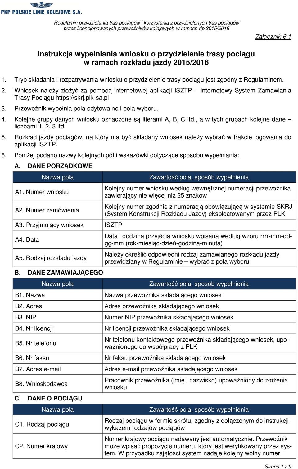 Wniosek należy złożyć za pomocą internetowej aplikacji ISZTP Internetowy System Zamawiania Trasy Pociągu https://skrj.plk-sa.pl 3. Przewoźnik wypełnia pola edytowalne i pola wyboru. 4.