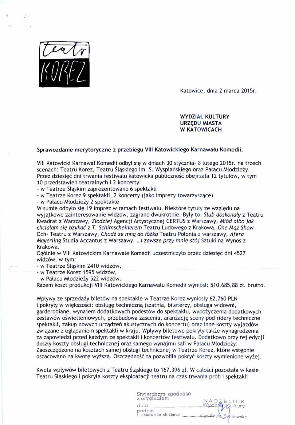 Przez dziesi ęć dni trwania festiwalu katowicka publiczno ść obejrza ła 12 tytu łów, w tym 10 przedstawie ń teatralnych i 2 koncerty: - w Teatrze Ś ląskim zaprezentowano 6 spektakli - w Teatrze Korez