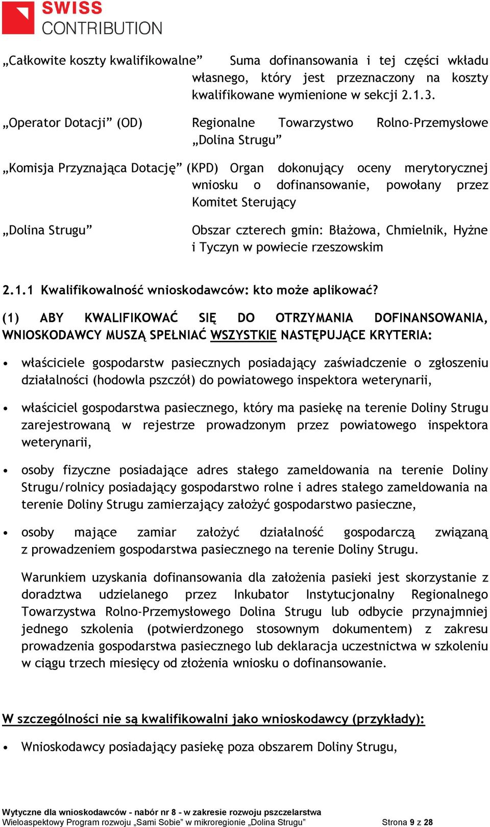 Sterujący Dolina Strugu Obszar czterech gmin: Błażowa, Chmielnik, Hyżne i Tyczyn w powiecie rzeszowskim 2.1.1 Kwalifikowalność wnioskodawców: kto może aplikować?