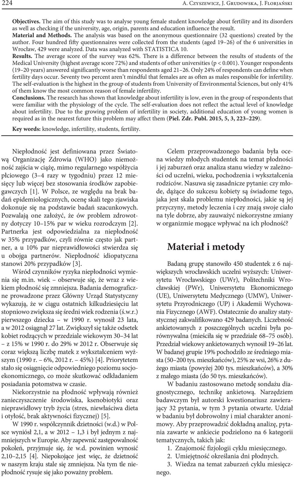 Material and Methods. The analysis was based on the anonymous questionnaire (32 questions) created by the author.