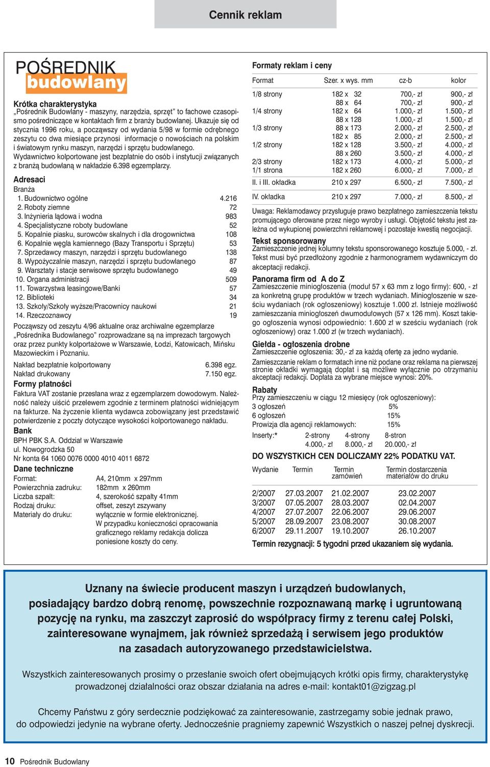 budowlanego. Wydawnictwo kolportowane jest bezp atnie do osób i instytucji zwiàzanych z bran à budowlanà w nak adzie 6.398 egzemplarzy. Adresaci Bran a 1. Budownictwo ogólne 4.216 2.