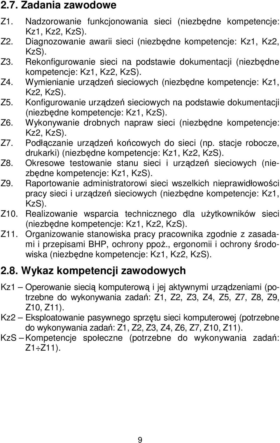Konfigurowanie urządzeń sieciowych na podstawie dokumentacji (niezbędne kompetencje: Kz1, KzS). Z6. Wykonywanie drobnych napraw sieci (niezbędne kompetencje: Kz2, KzS). Z7.