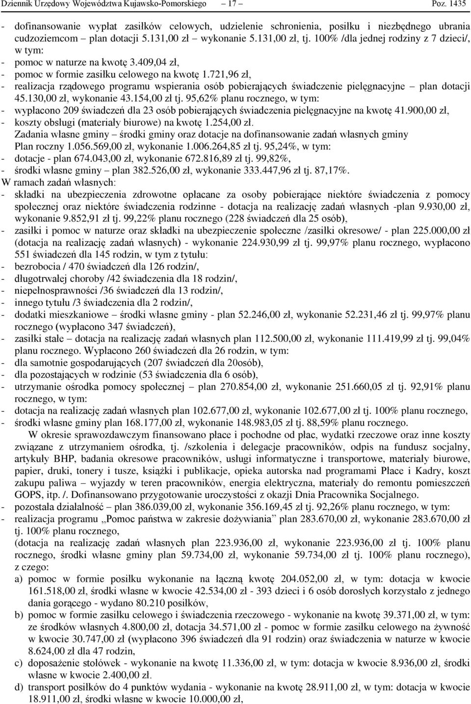 721,96 zł, - realizacja rządowego programu wspierania osób pobierających świadczenie pielęgnacyjne plan dotacji 45.130,00 zł, wykonanie 43.154,00 zł tj.