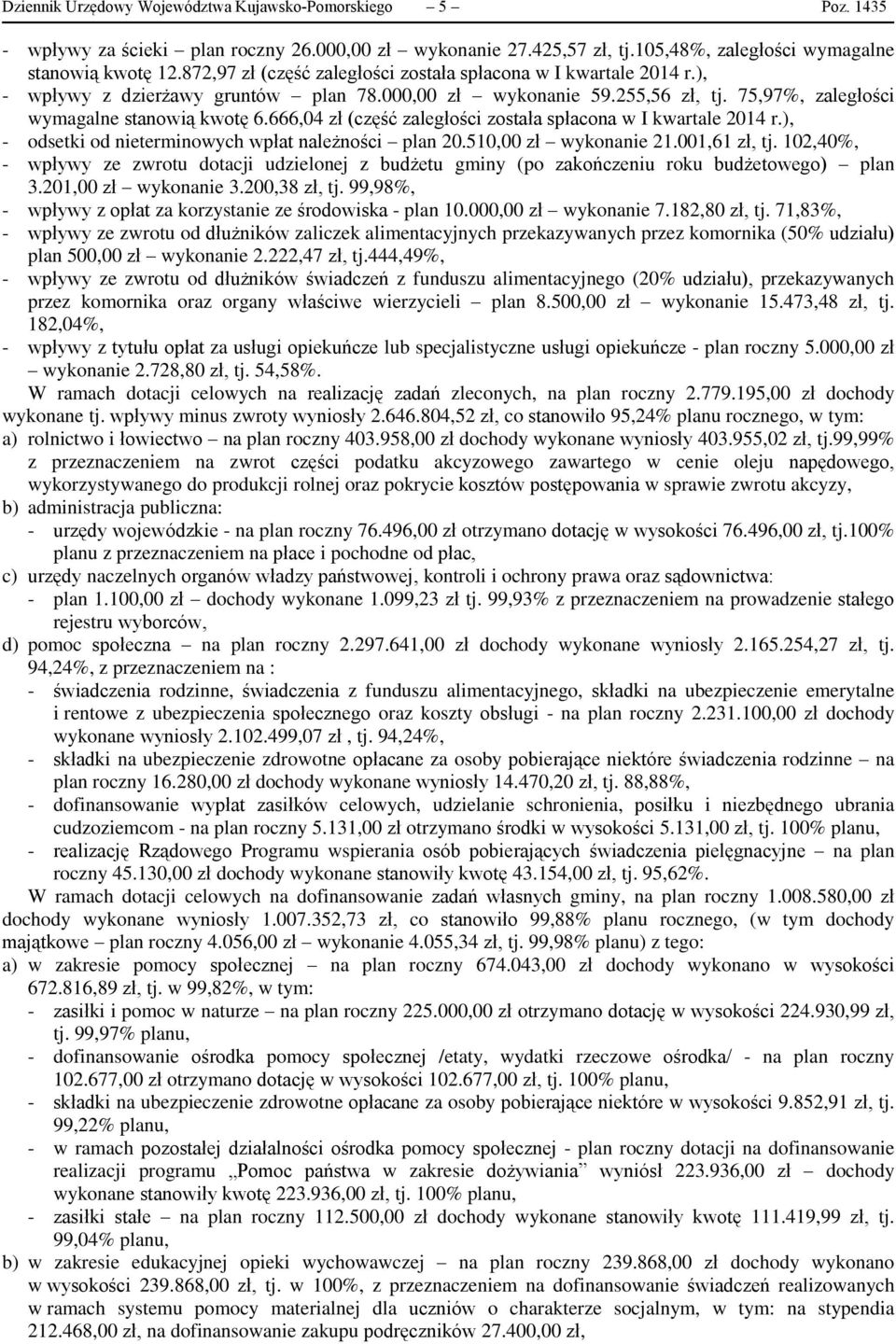 666,04 zł (część zaległości została spłacona w I kwartale 2014 r.), - odsetki od nieterminowych wpłat należności plan 20.510,00 zł wykonanie 21.001,61 zł, tj.