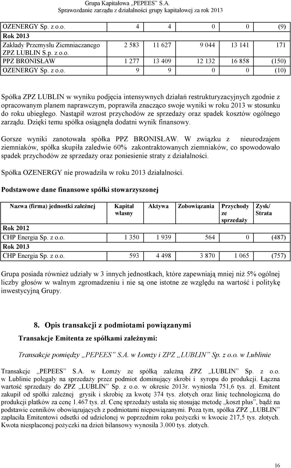 9 9 0 0 (10) Spółka ZPZ LUBLIN w wyniku podjęcia intensywnych działań restrukturyzacyjnych zgodnie z opracowanym planem naprawczym, poprawiła znacząco swoje wyniki w roku 2013 w stosunku do roku