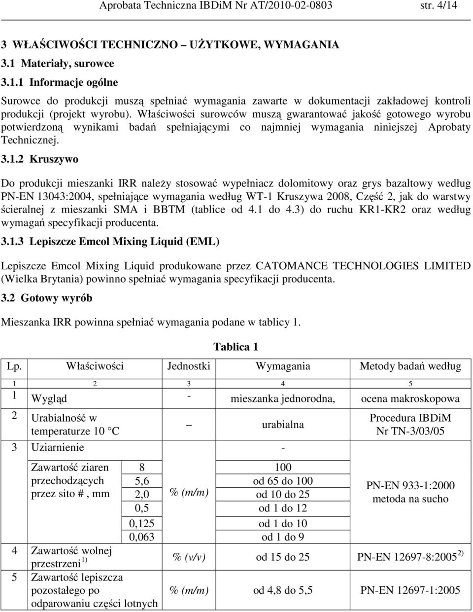 2 Kruszywo Do produkcji mieszanki IRR należy stosować wypełniacz dolomitowy oraz grys bazaltowy według PN-EN 13043:2004, spełniające wymagania według WT-1 Kruszywa 2008, Część 2, jak do warstwy